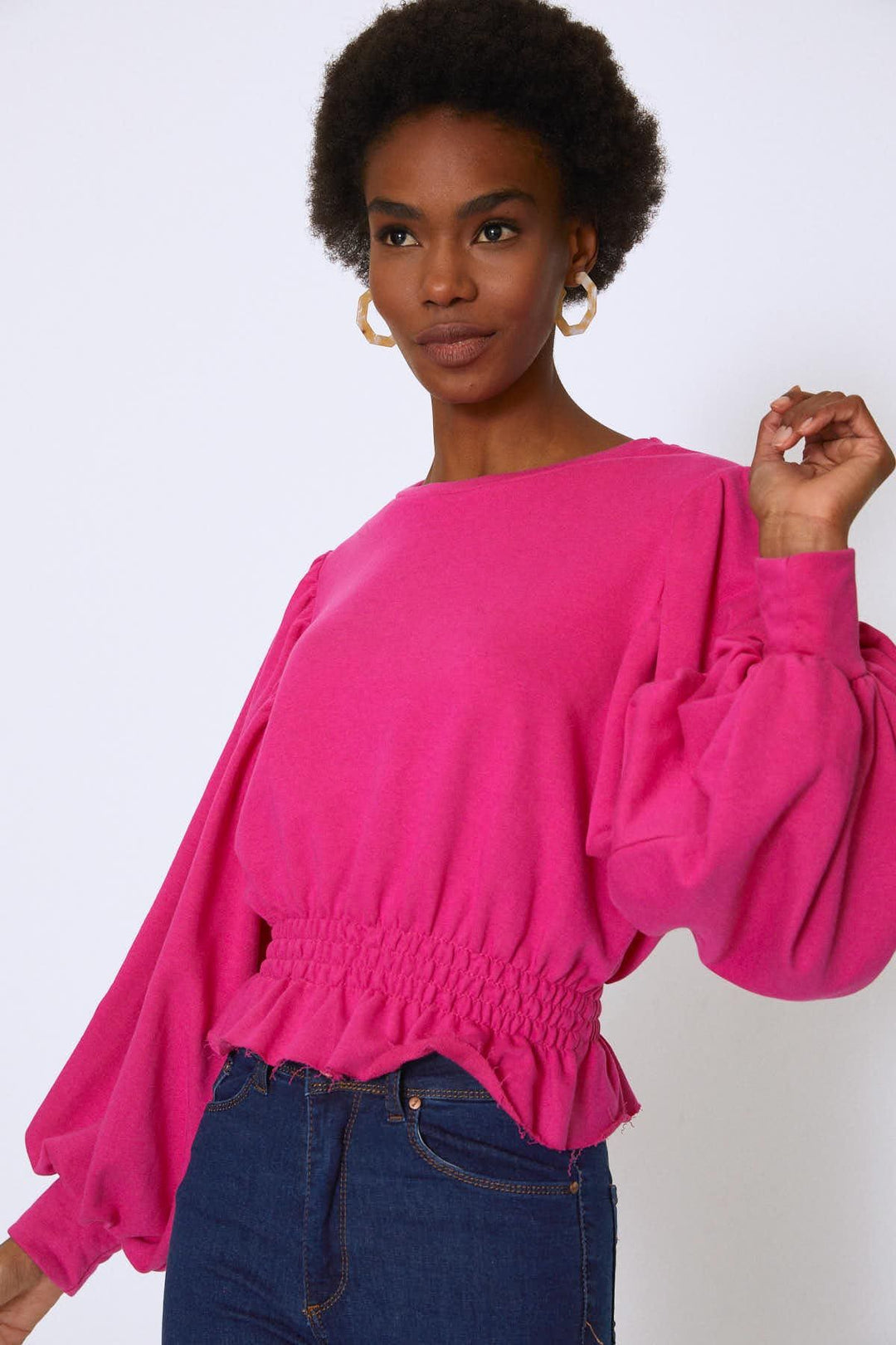 Beli Gipeli Balon Kol Sweatshirt Fuşya