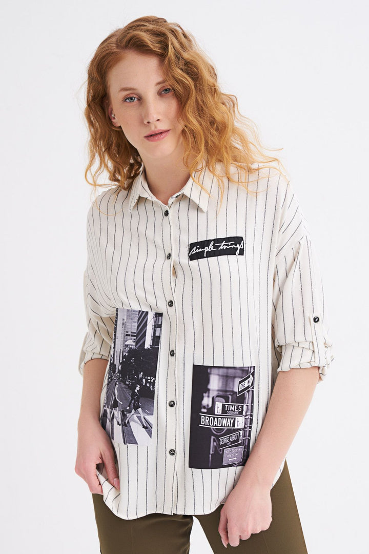 Nakış Detaylı Baskılı Çizgili Gömlek Ekru