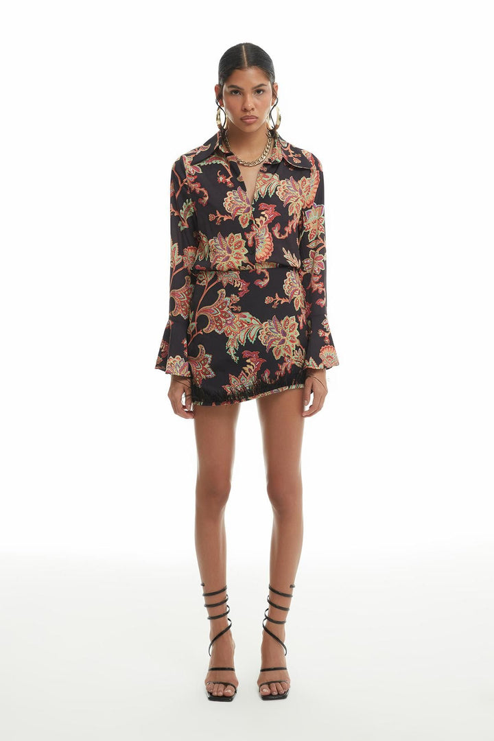 Ruffled Sleeves Patterned Shirt Black