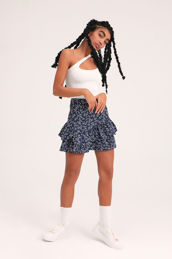 Floral Patterned Ruffle Mini Skirt Indigo