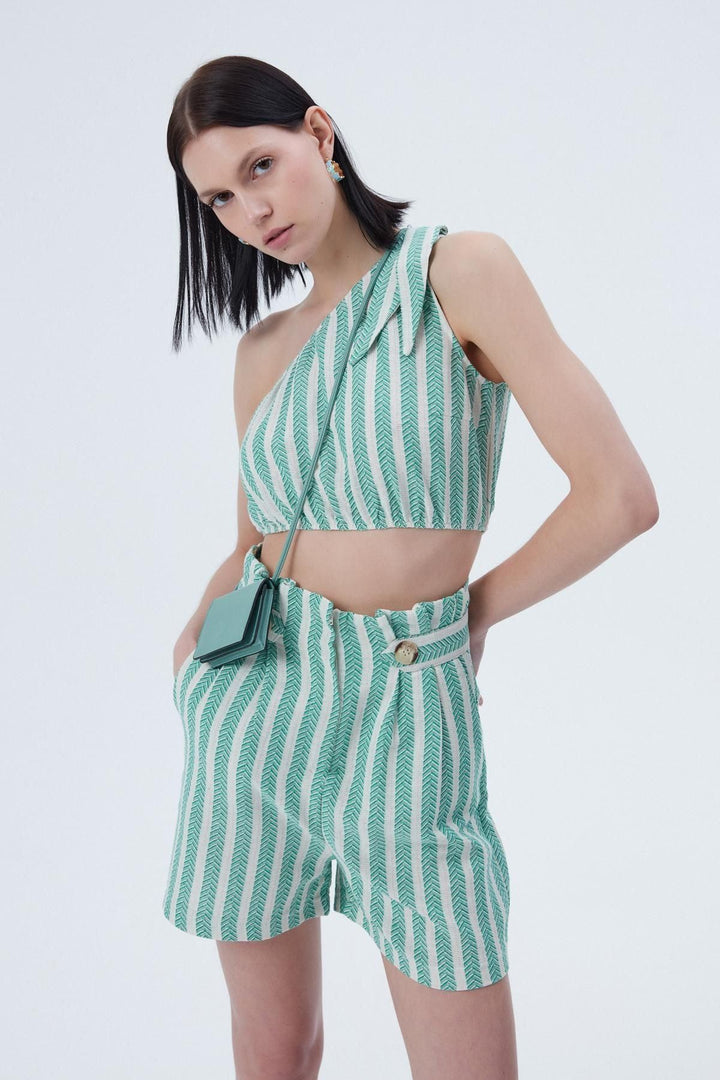 Tek Omuz Crop Bluz Yeşil