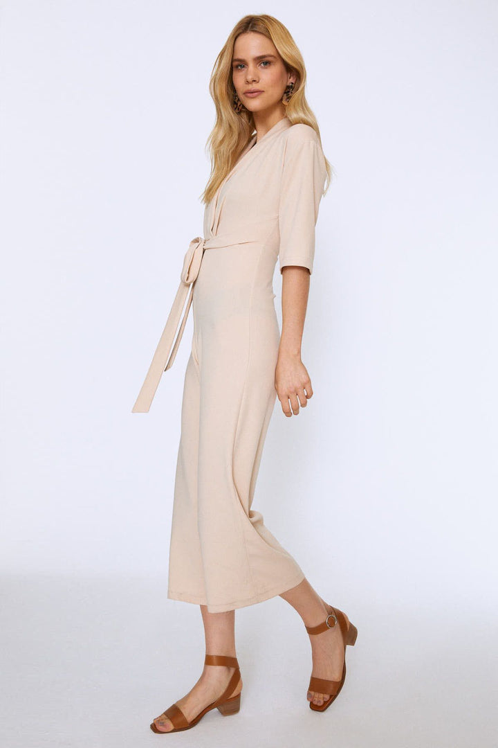 Kuşaklı Kruvaze Tulum Bej