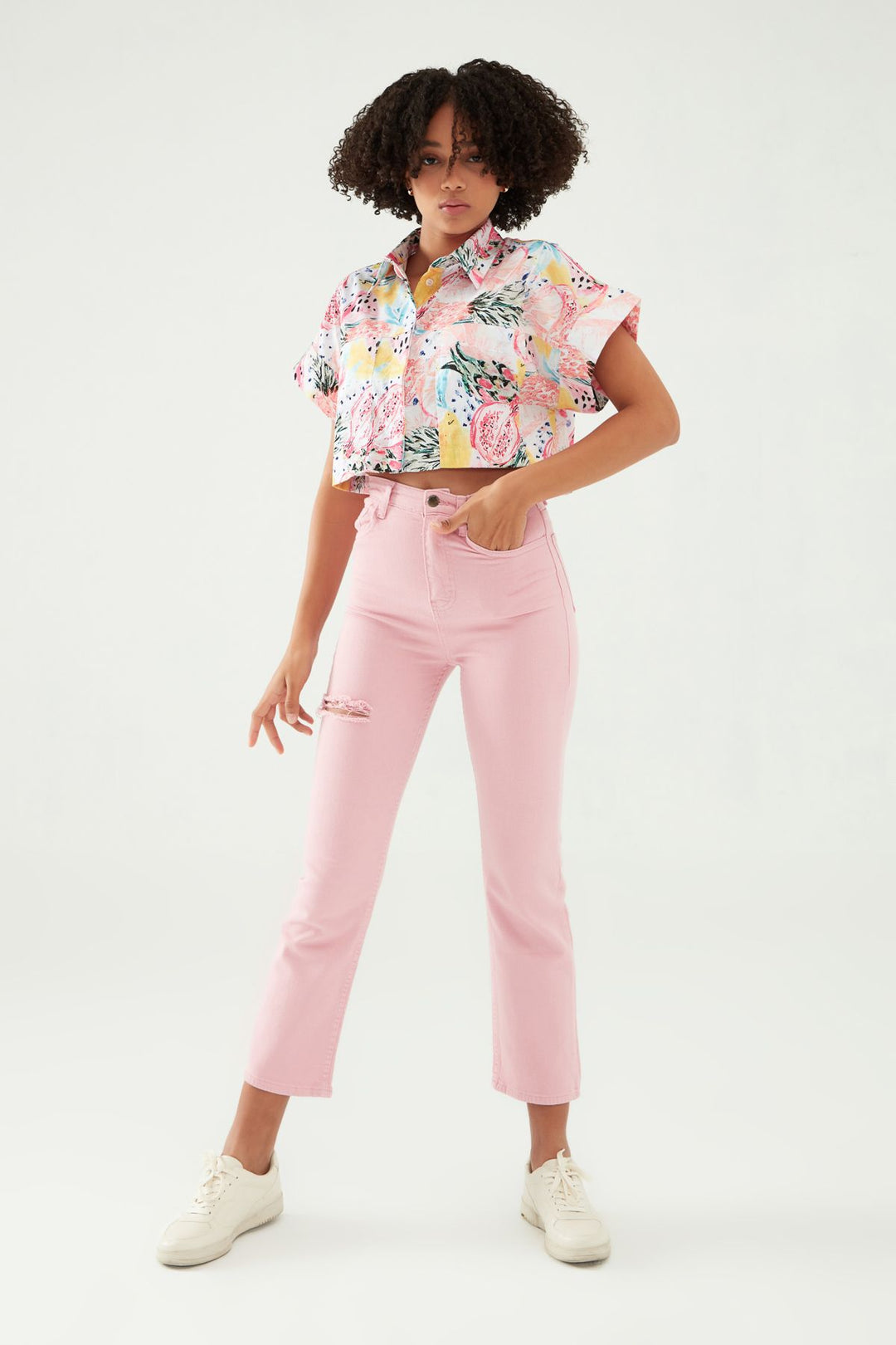 Patterned Crop Shirt Pink