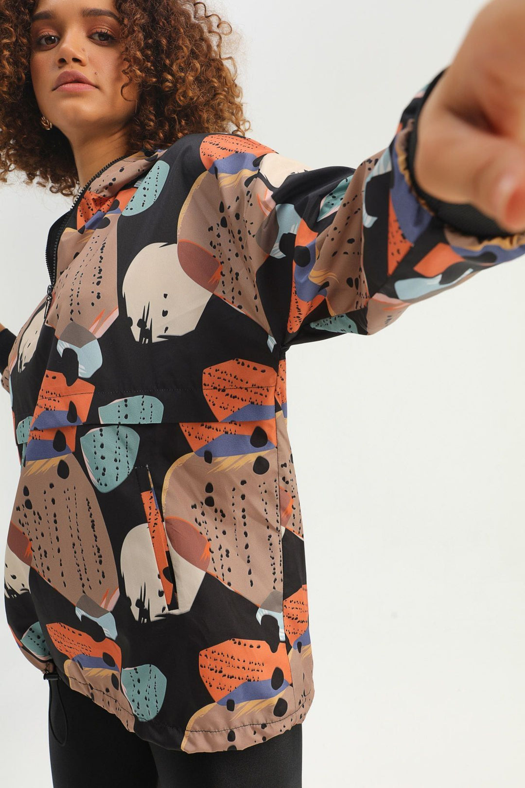 Patterned Hooded Pocket Raincoat Black