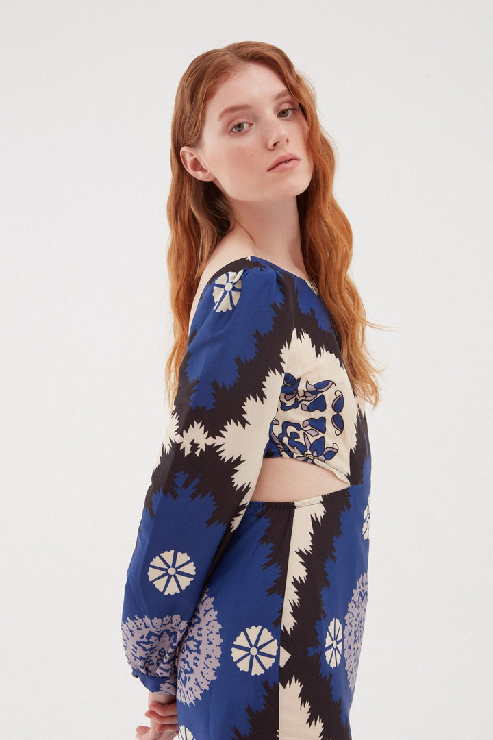 Desenli Cut Out Midi Elbise Lacivert