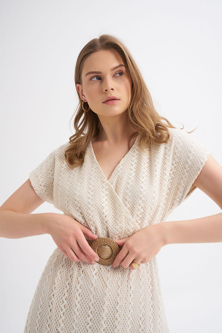 Straw Belt Double Breasted Sleeveless Dress Ecru