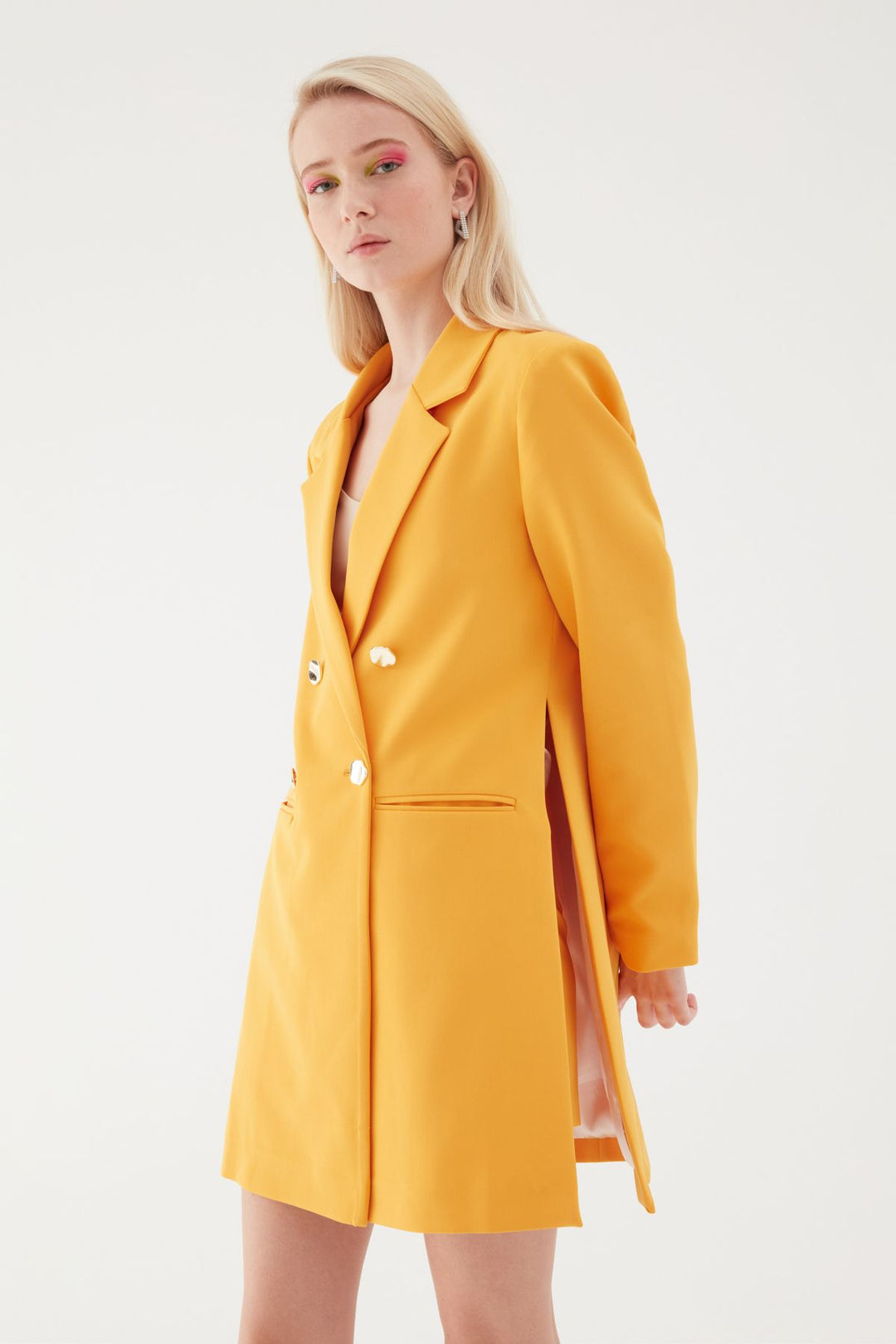 Yanı Yırtmaçlı Uzun Blazer Ceket Turuncu