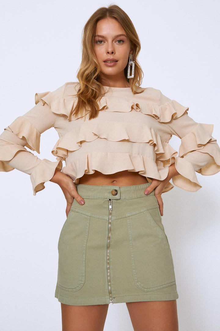 Önü Fermuarlı Cepli Kot Etek Mint