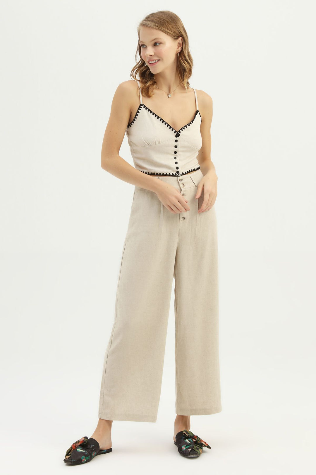 Askılı Crop Keten Bluz Naturel