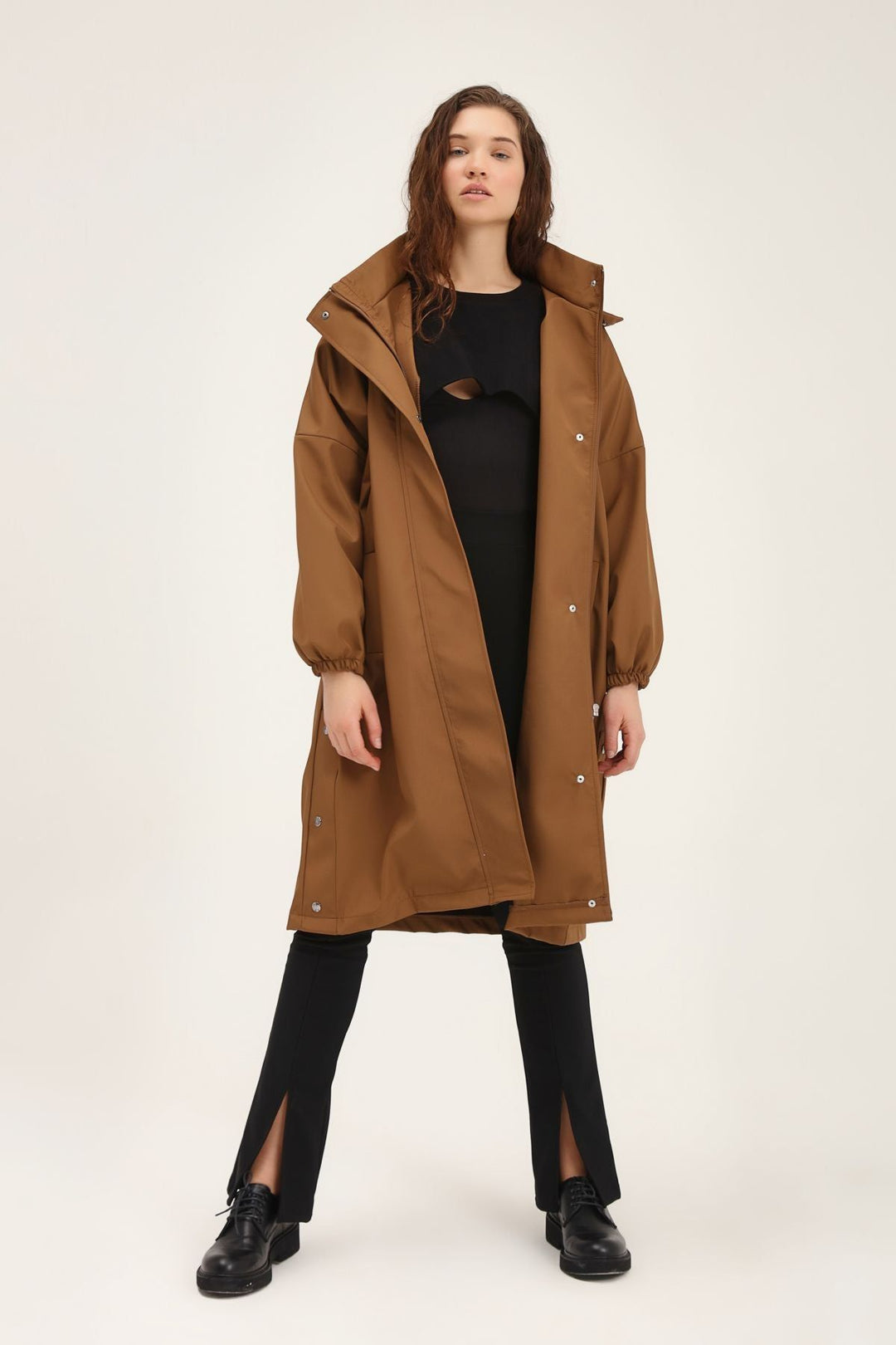 Oversize Hooded Trench Coat Brown