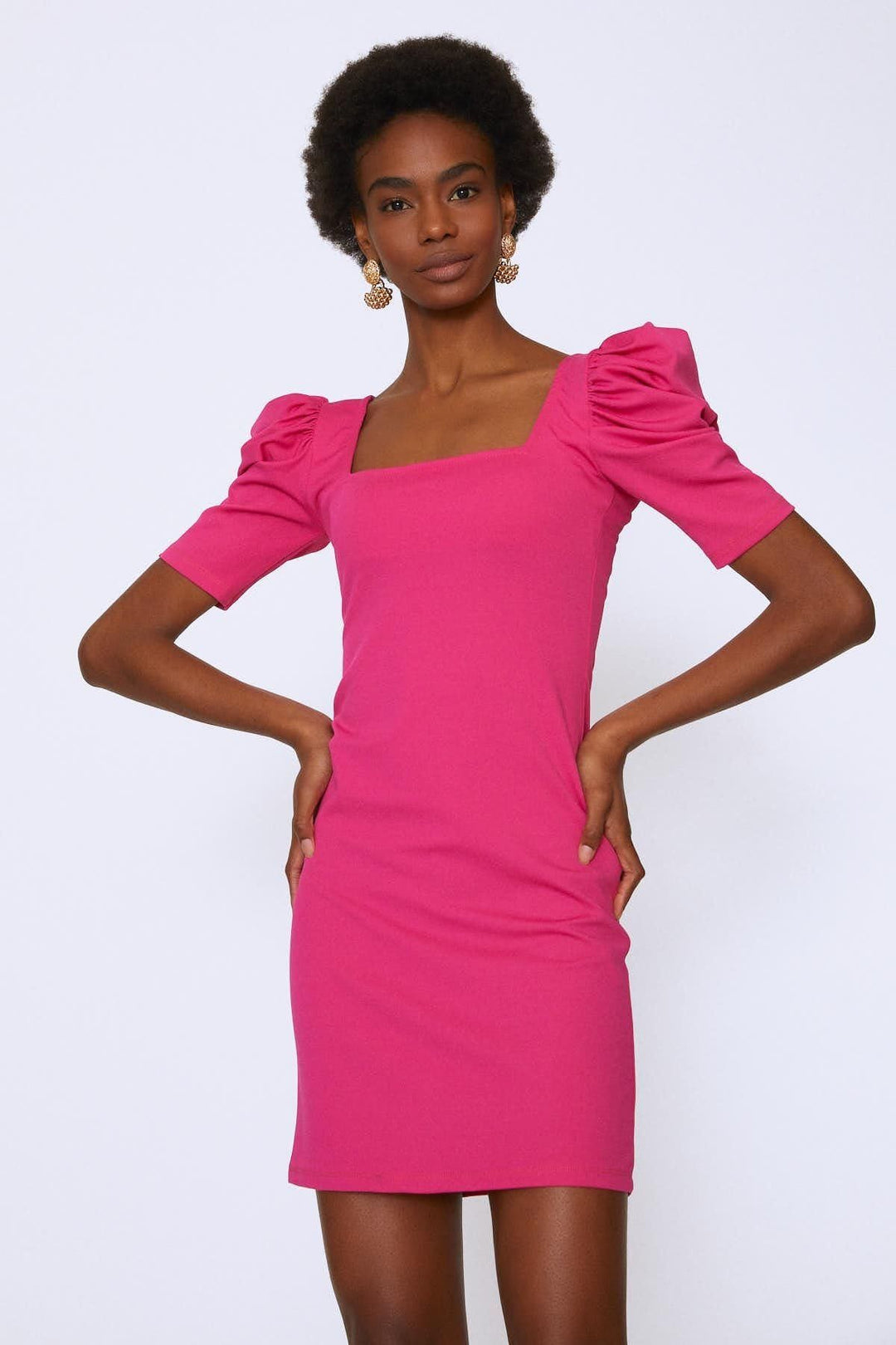Karpuz Kol Kare Yaka Elbise Fuşya