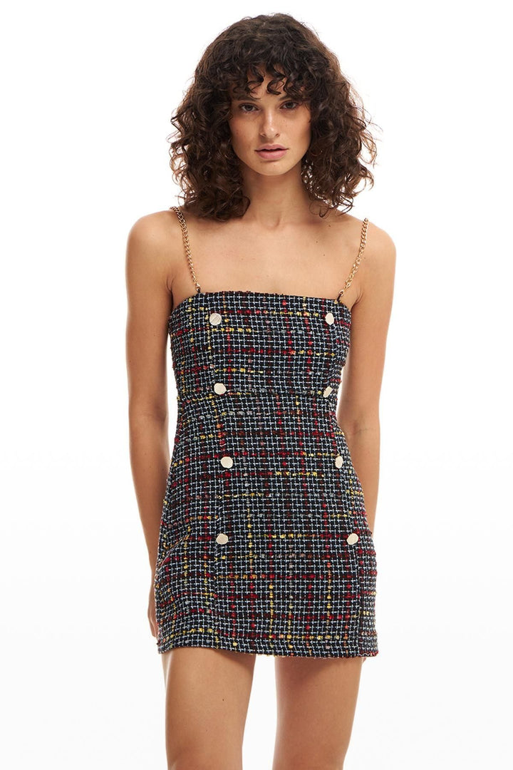 Chain Strap Tweed Dress Black