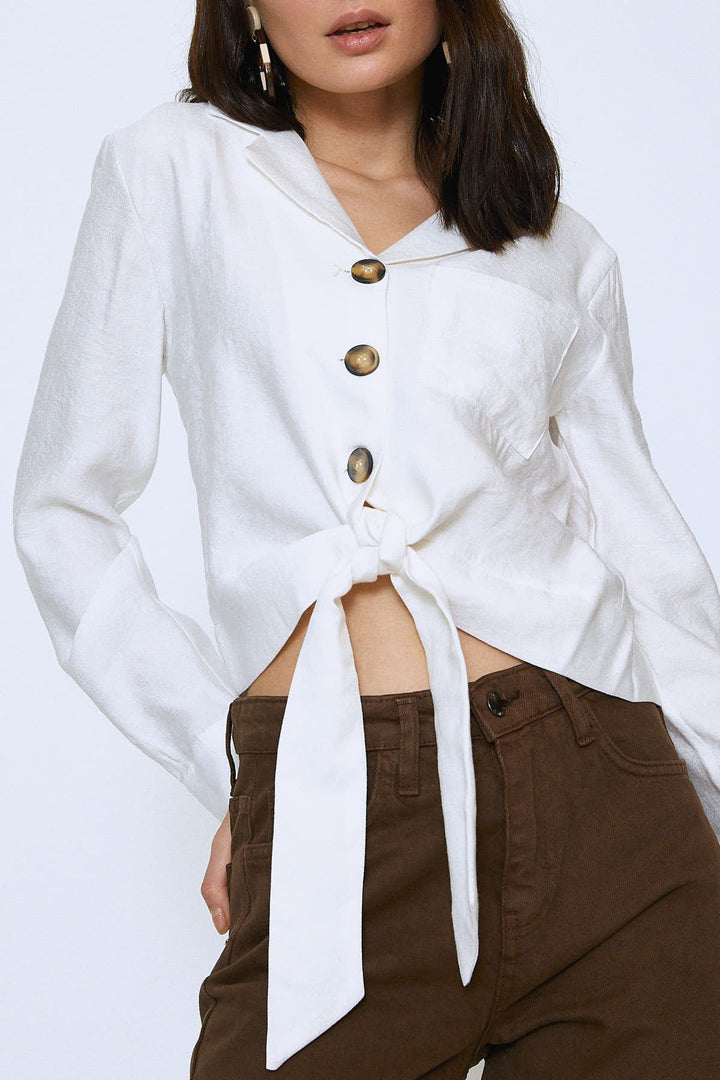 Tie Waist Pocket Long Sleeve Shirt Ecru