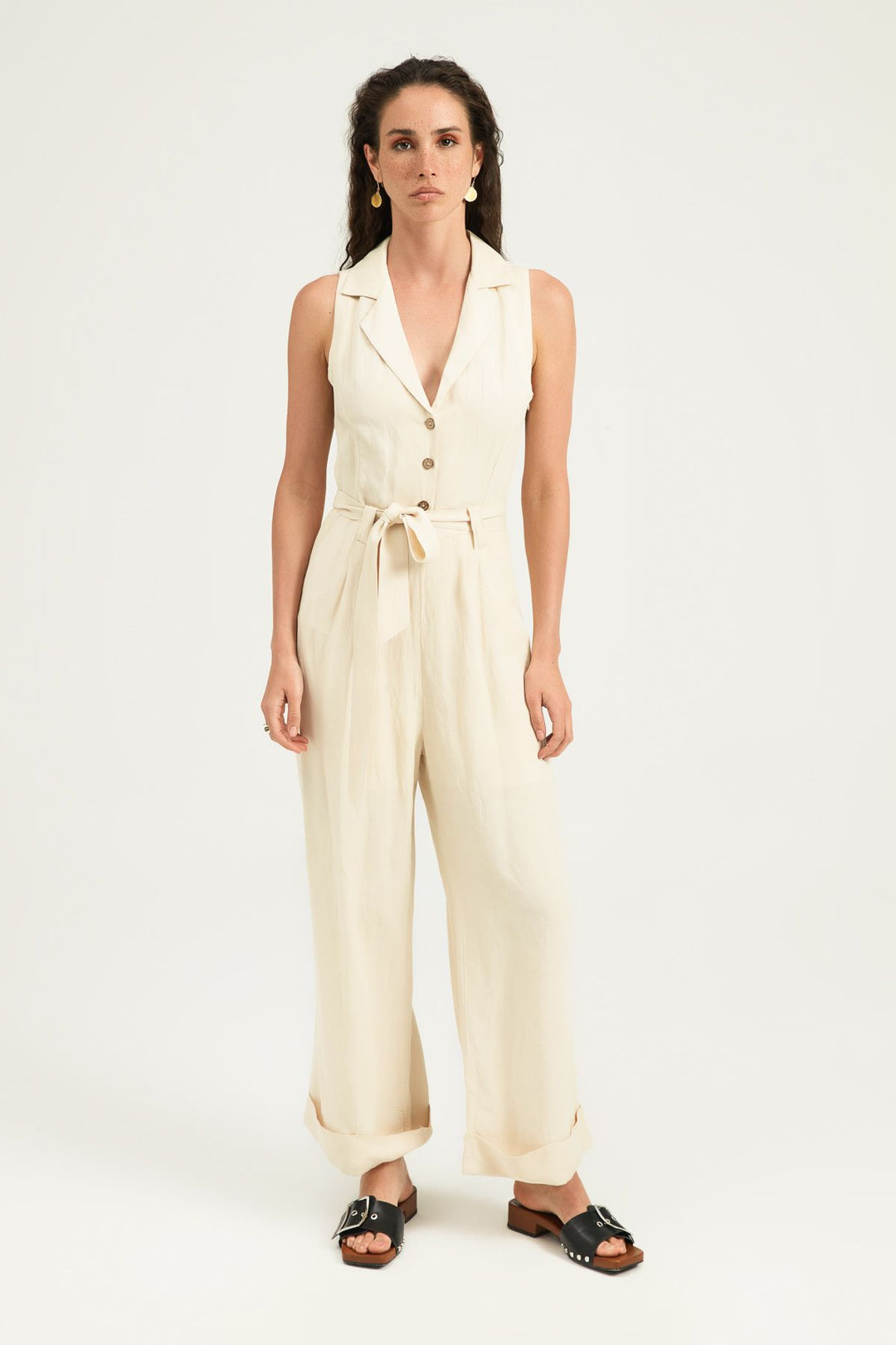 Kuşak Detaylı Gömlek Yaka Keten Tulum Bej