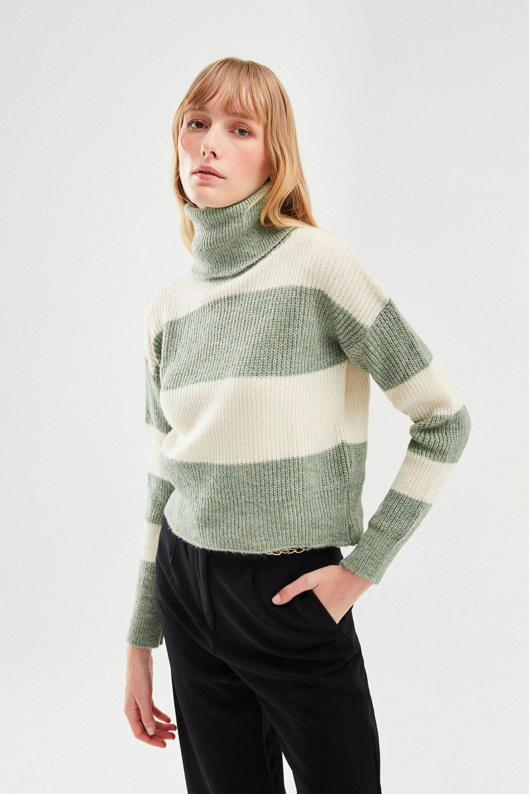 Çizgili Triko Kazak Mint