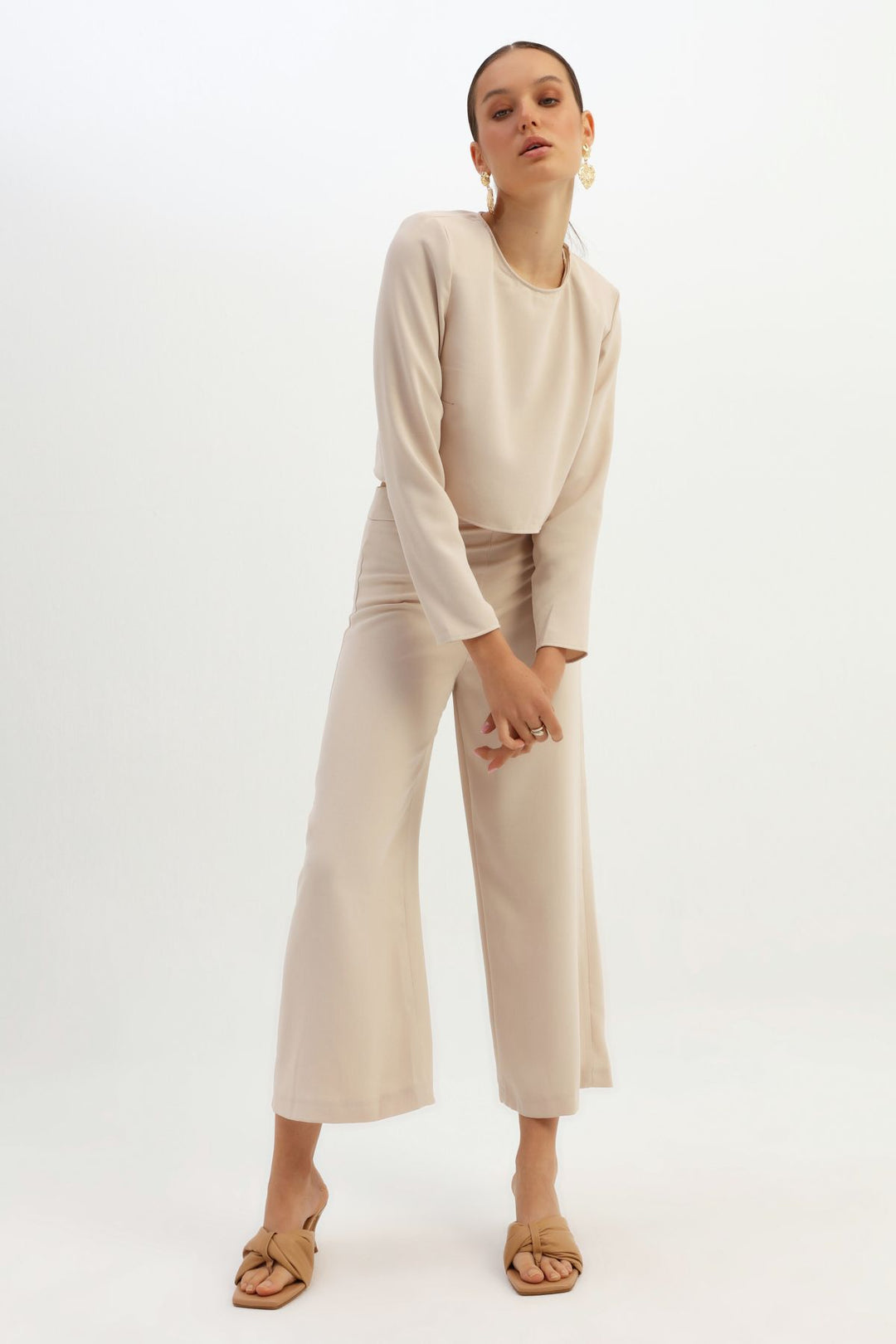 Yüksek Bel Bol Paça Pantolon Bej