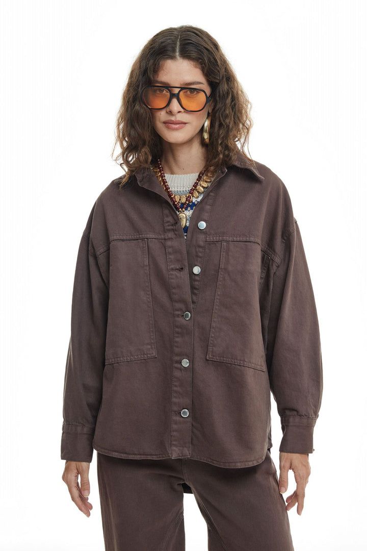 Pocket Detailed Denim Jacket Dark Brown