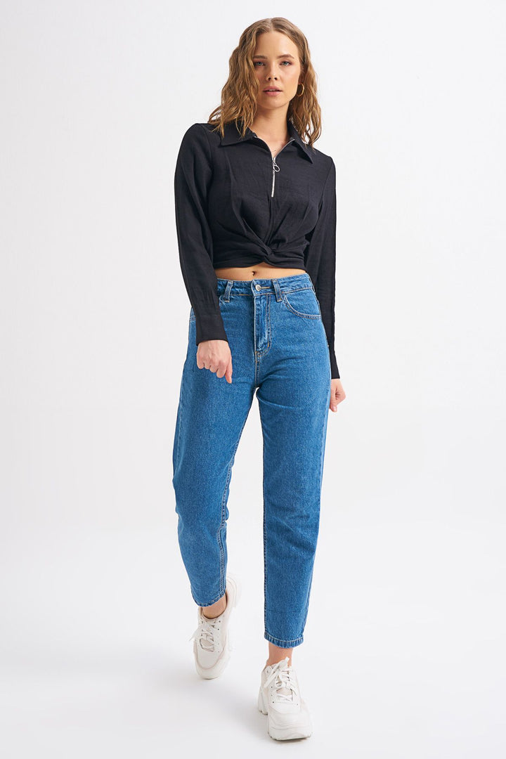 Front Zipper Tie Detailed Blouse Black