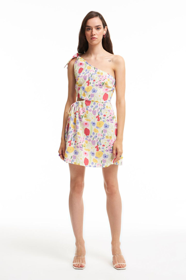 Side Pleated Single Sleeve Dress Ecru