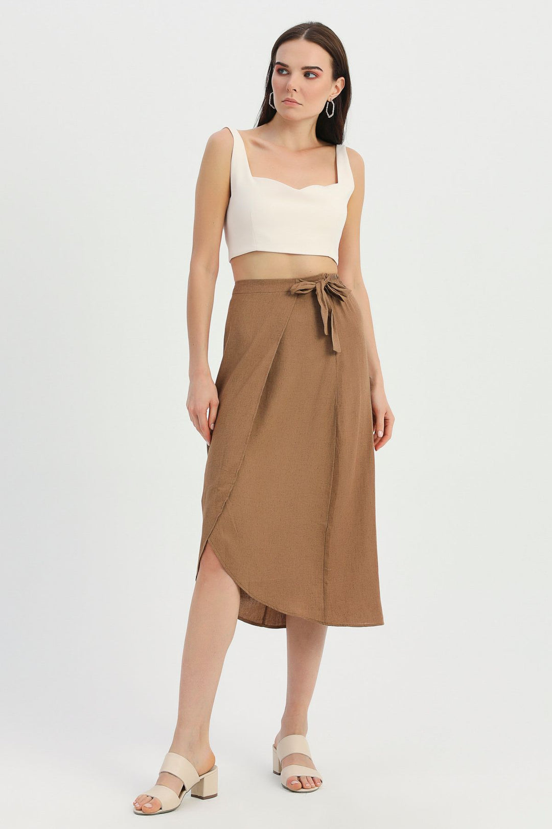 Tie Detailed Wrapped Linen Skirt Brown