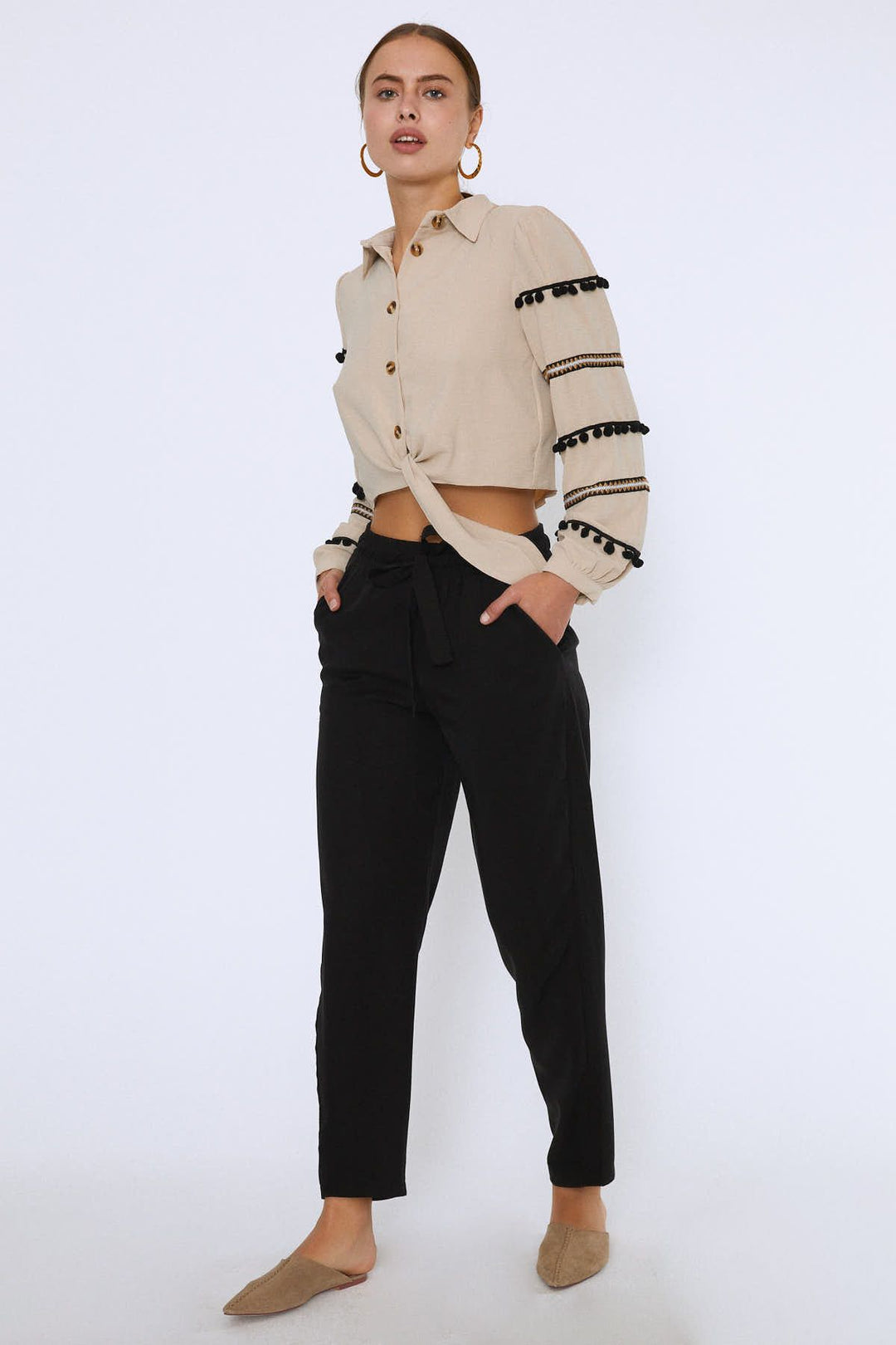 Beli Lastikli Kuşaklı Casual Pantolon Siyah