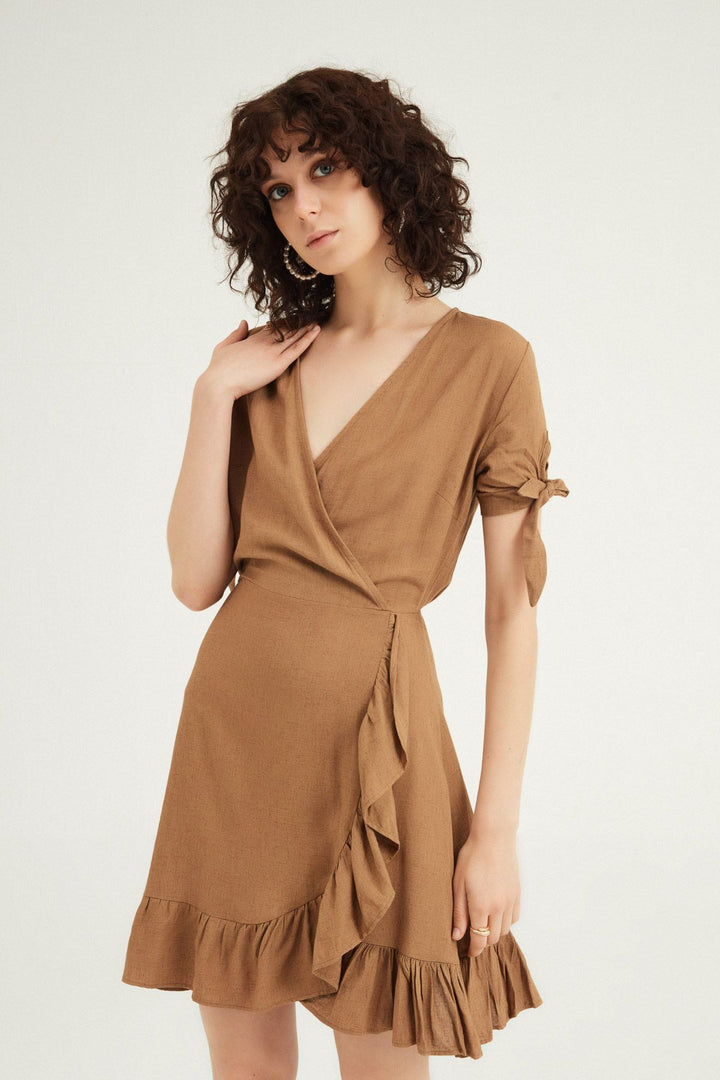 Double Breasted Frilly Linen Dress Brown