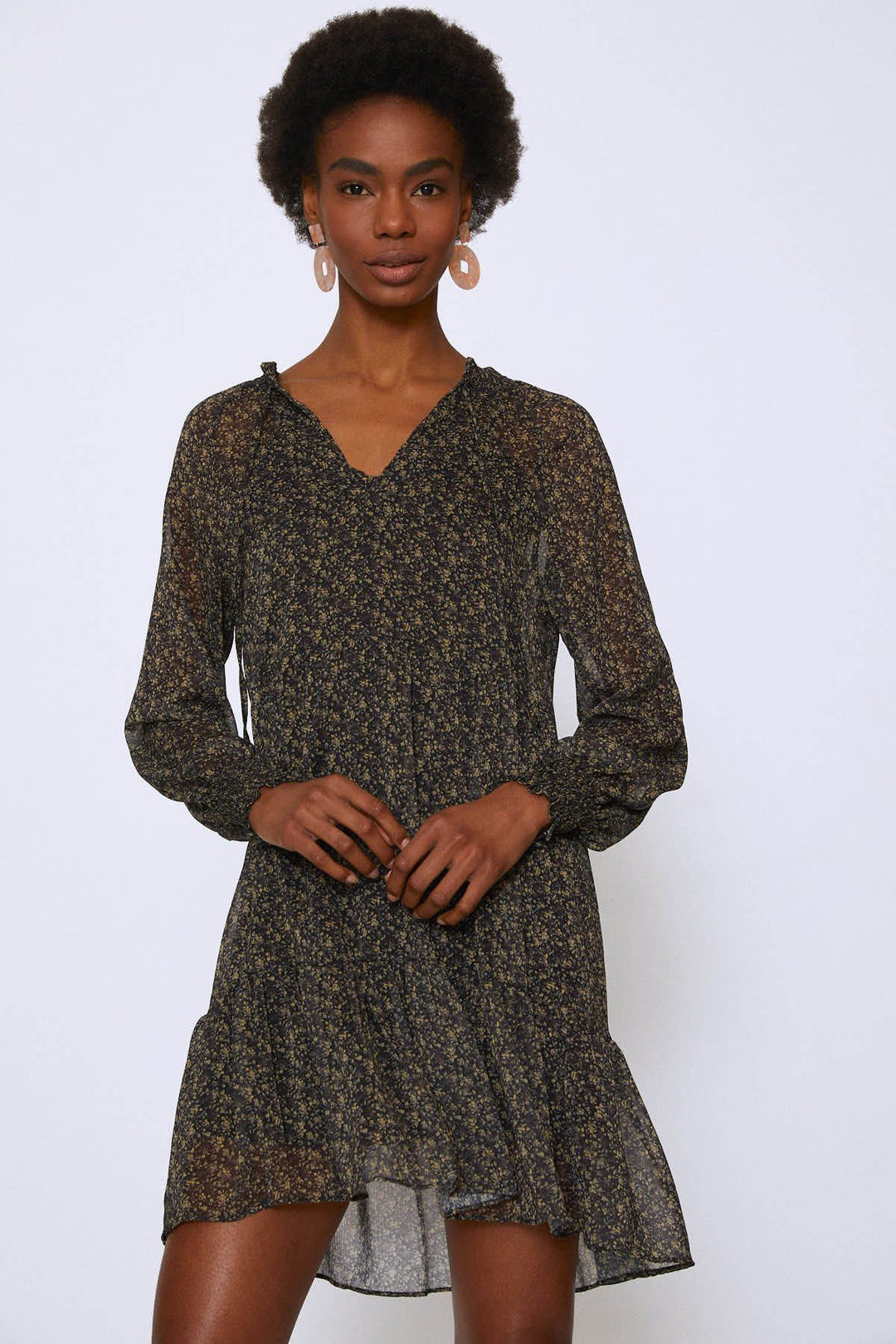 Crispy Floral Collar Tie Chiffon Dress Khaki