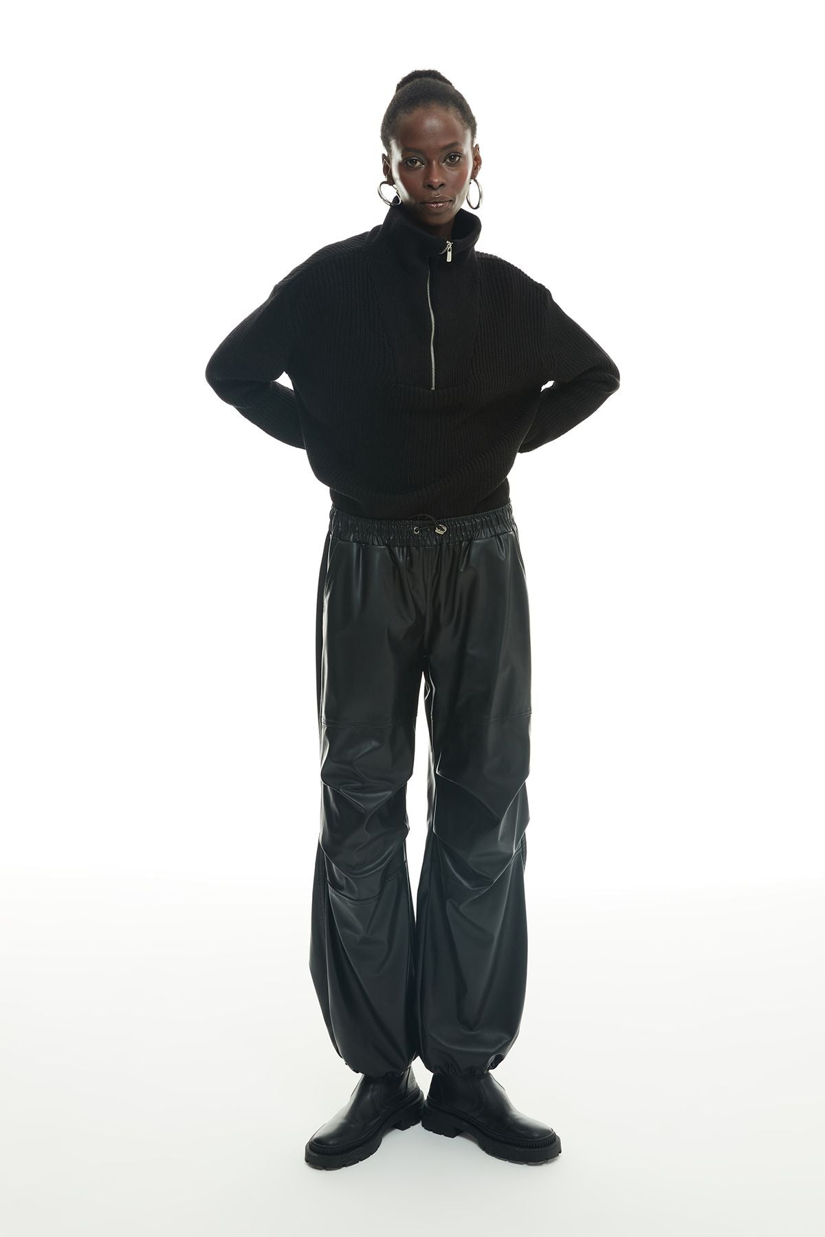 Leather Parachute Trousers With Elastic Legs Black