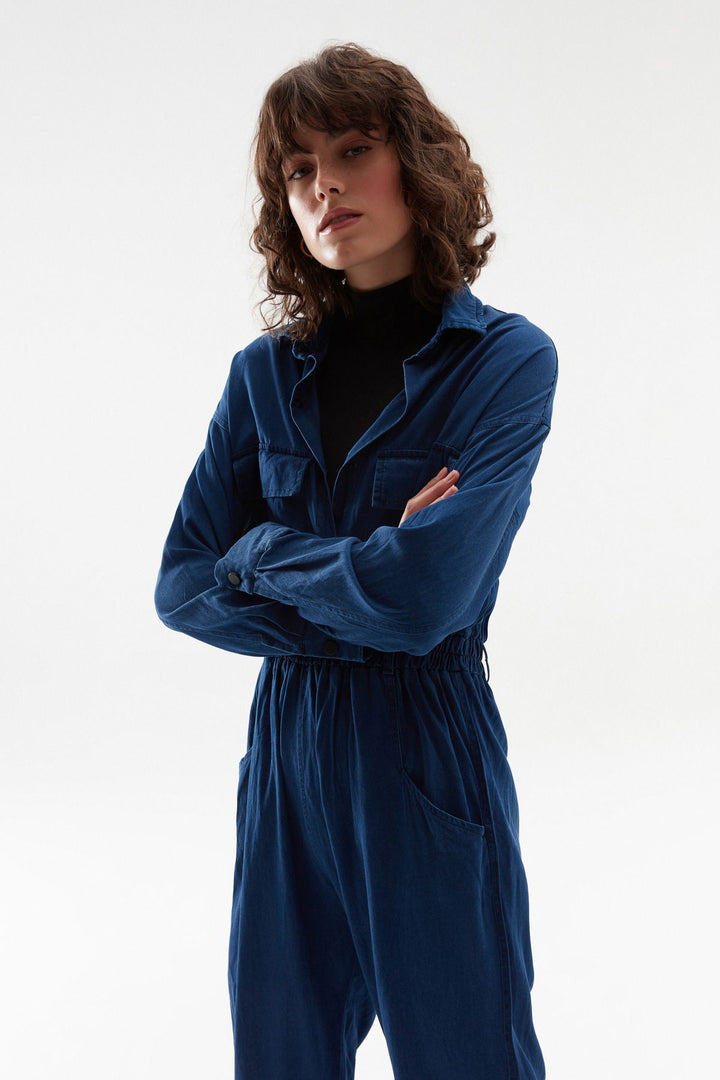 Belted Shirt Collar Jumpsuit Indigo
