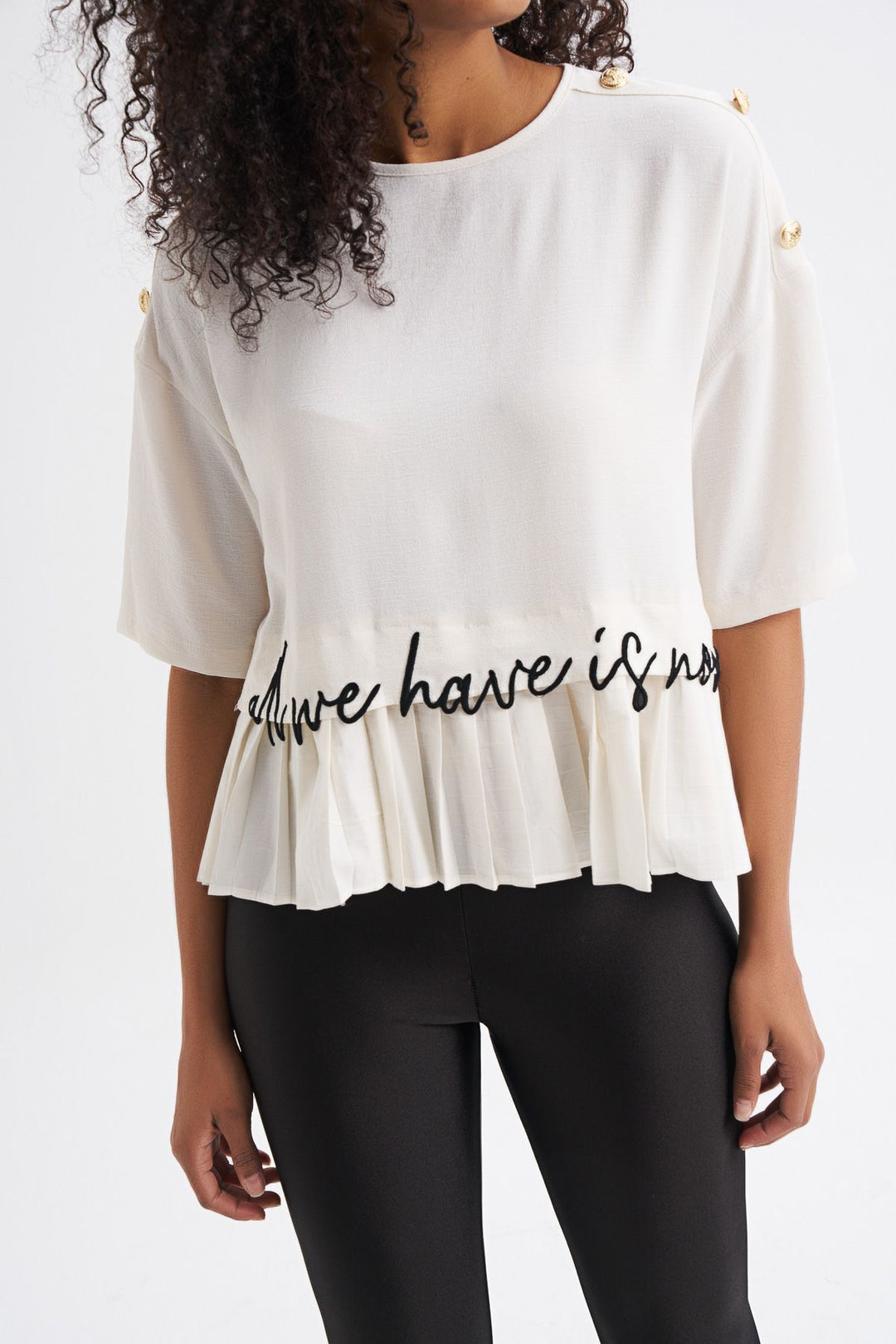 Button Accessory Embroidered Frilly Blouse Ecru