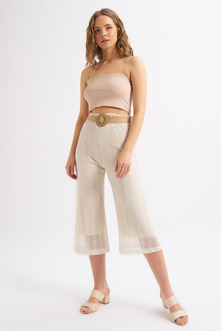 Güpür Hasır Kemerli Pantolon Ekru