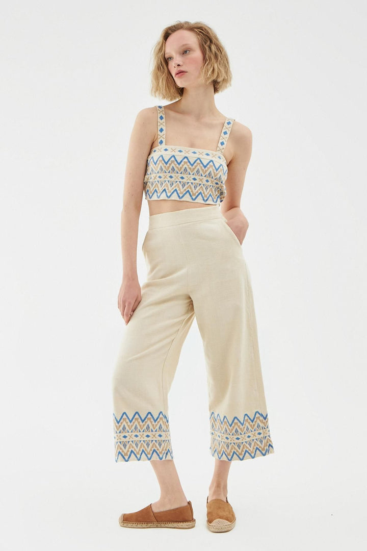 Paçası Nakışlı Keten Pantolon Naturel