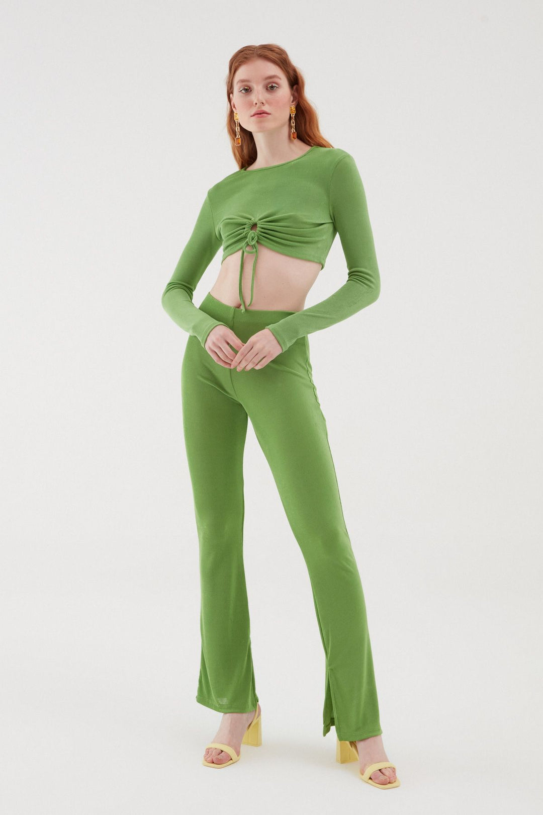 Dokulu Bol Paça Pantolon Yeşil