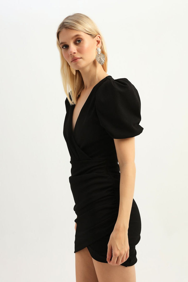 Balloon Sleeve Double Breasted Dress Black