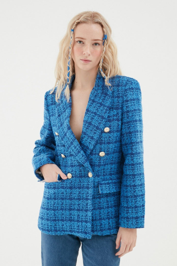 Kruvaze Tüvit Blazer Ceket Sax