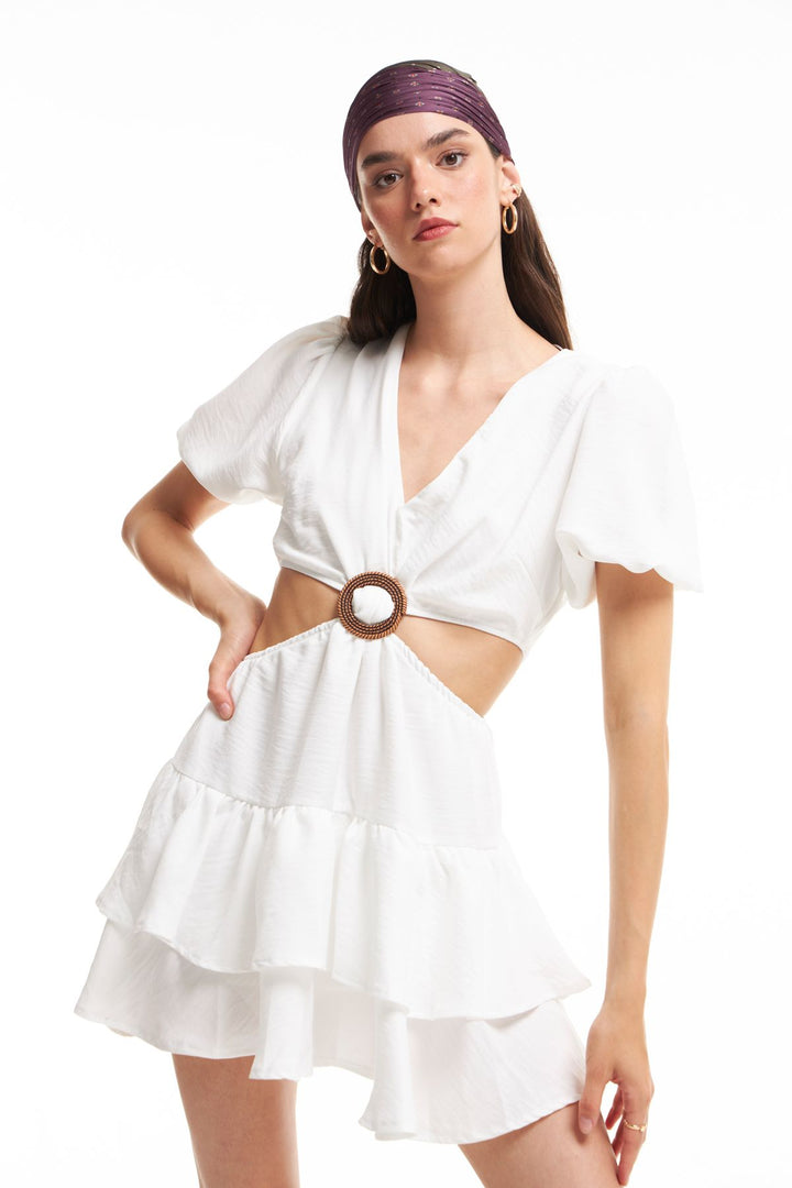 Frilly Cut Out Dress Ecru