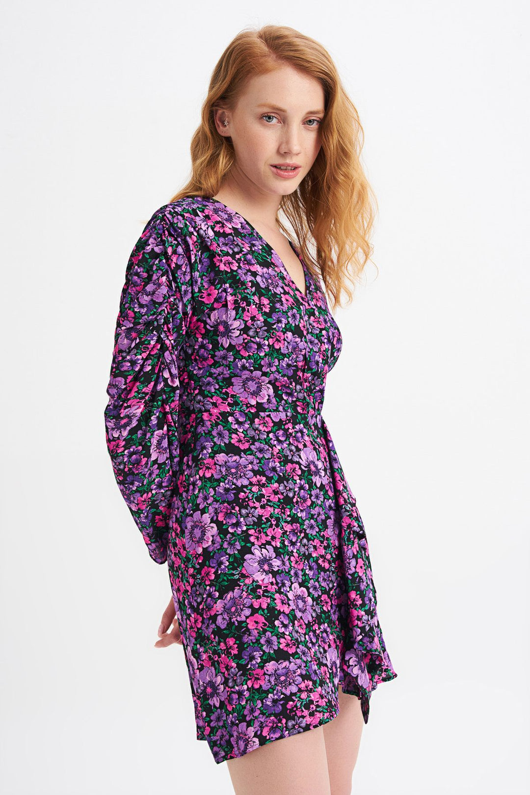 Floral Patterned Frill Detailed Dress Purple