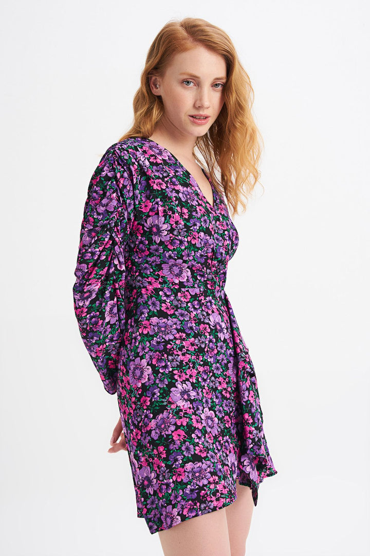Floral Patterned Frill Detailed Dress Purple