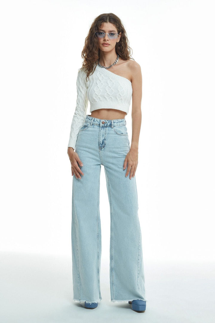 Single Sleeve Crop Sweater Ecru