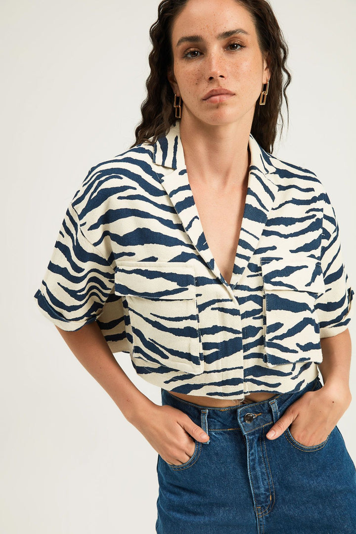 Zebra Desen Crop Gömlek İndigo