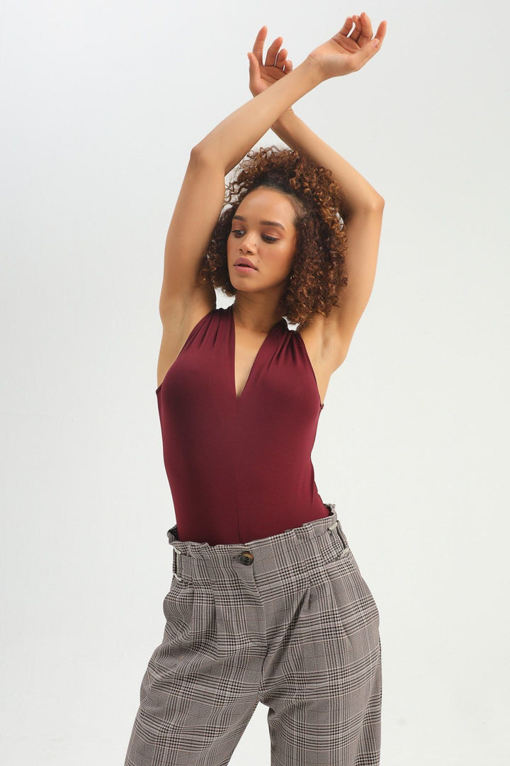 V Neck Bodysuit Claret Red