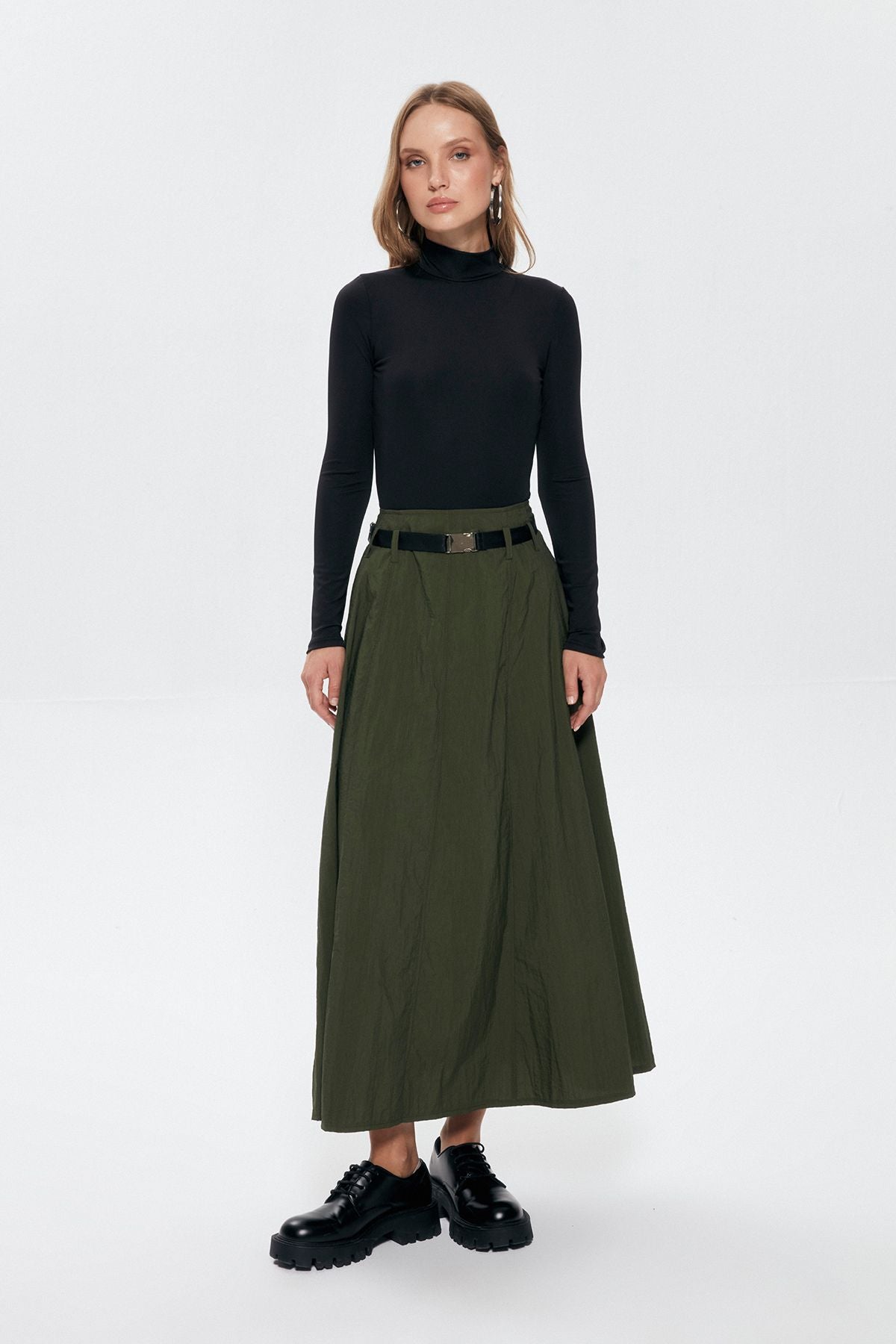Belted Waist Technical Fabric Skirt Khaki