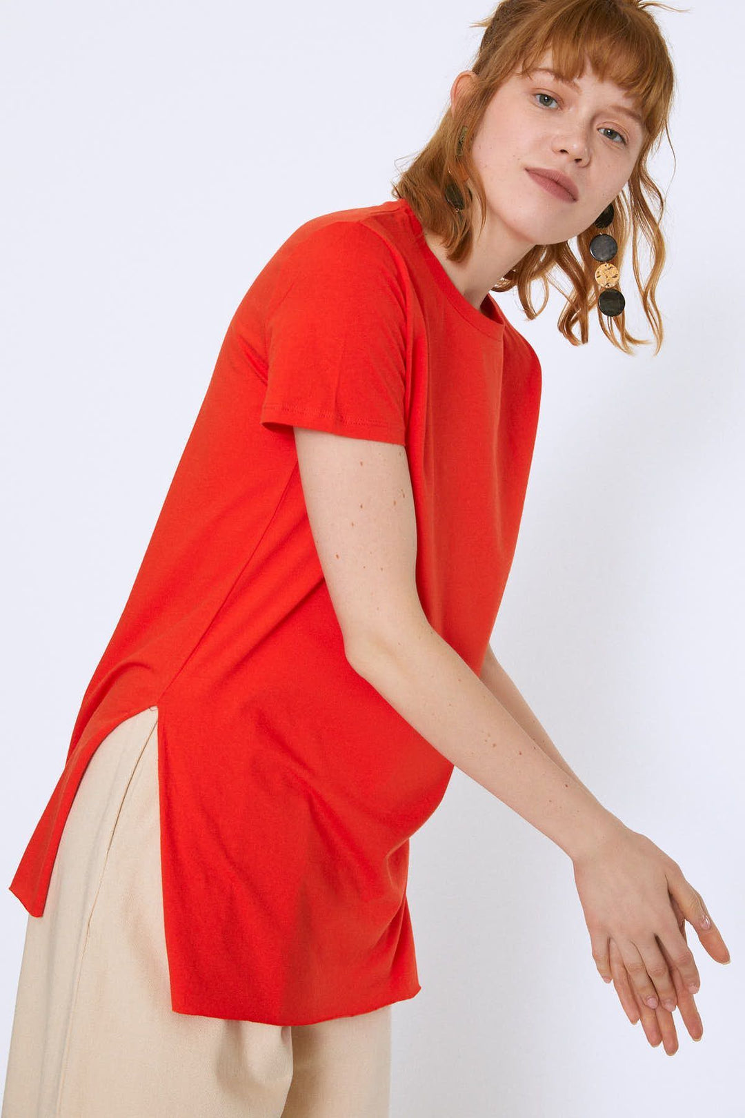 Bisiklet Yaka Yanı Yırtmaçlı Tişört Koyu Oranj