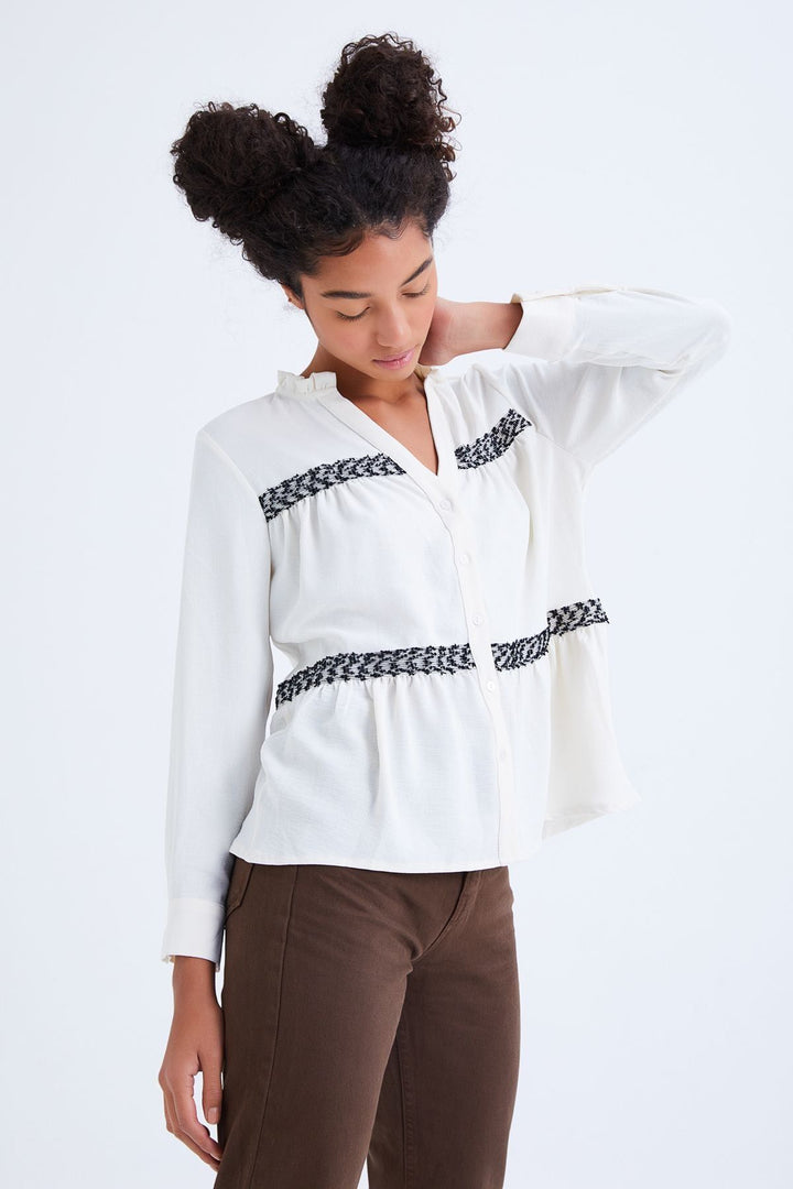 V-Neck Ruffled Striped Shirt Ecru