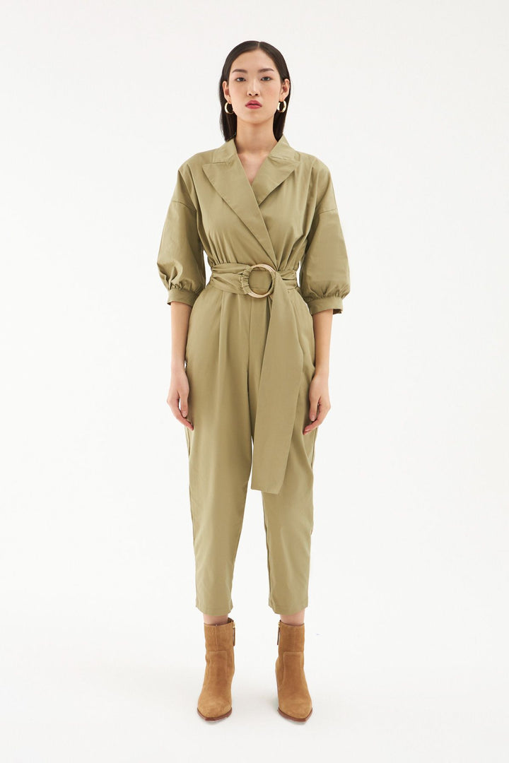 Waist Belt Balloon Sleeve Jumpsuit Khaki