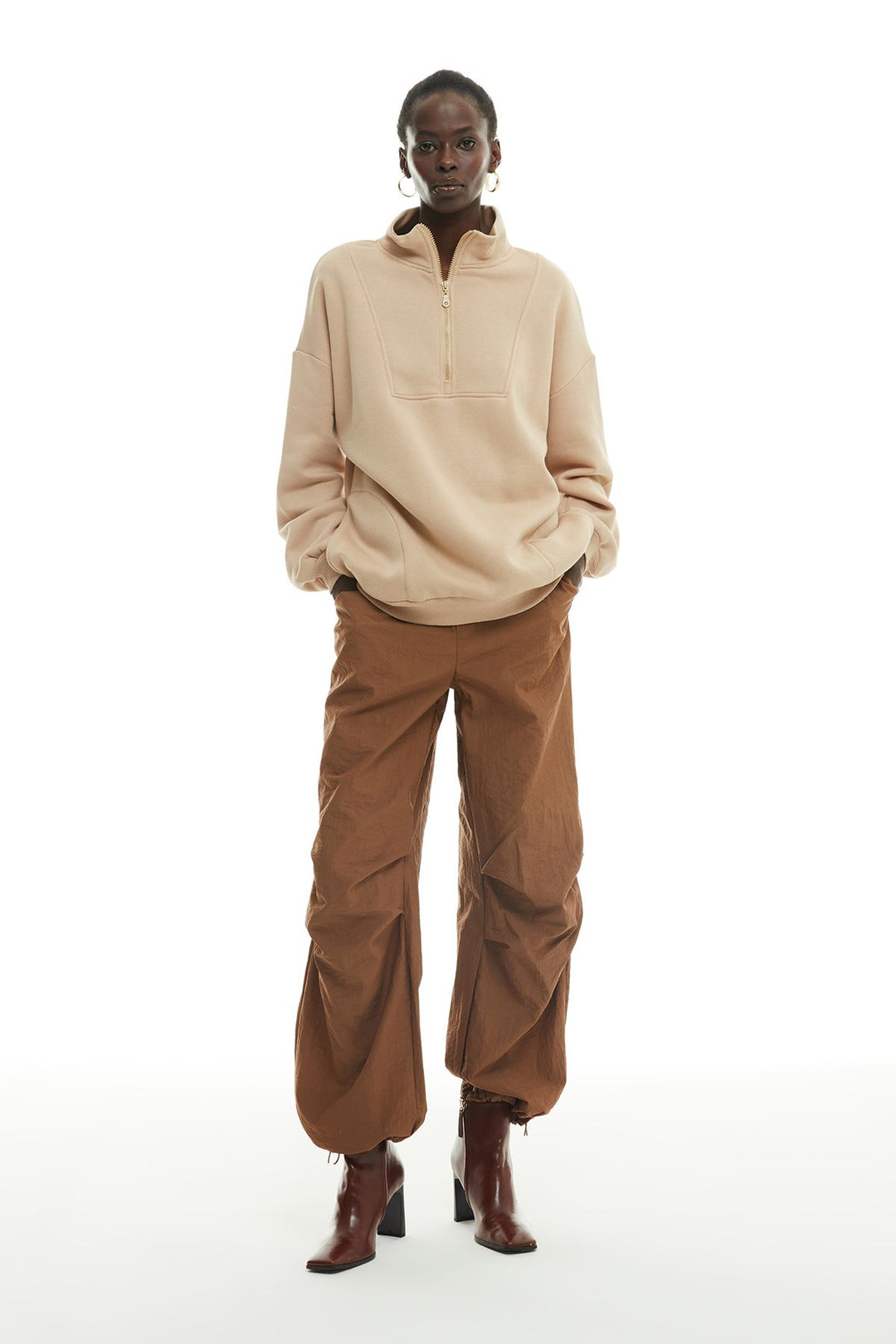 Zippered Turtleneck Sweatshirt Beige