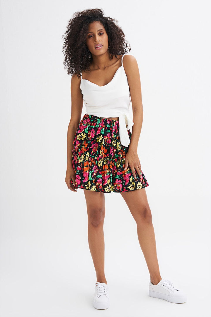 Floral Patterned Elastic Waist Skirt Fuchsia
