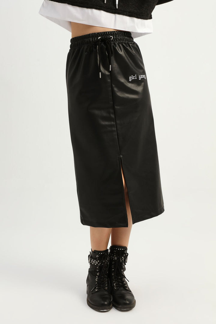 Letter Embroidered Slit Leather Skirt Black