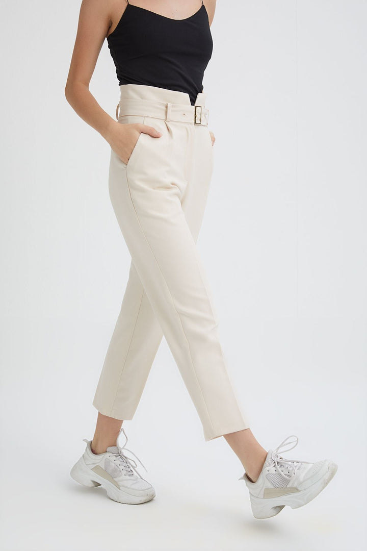 Belted High Waist Casual Trousers Bone