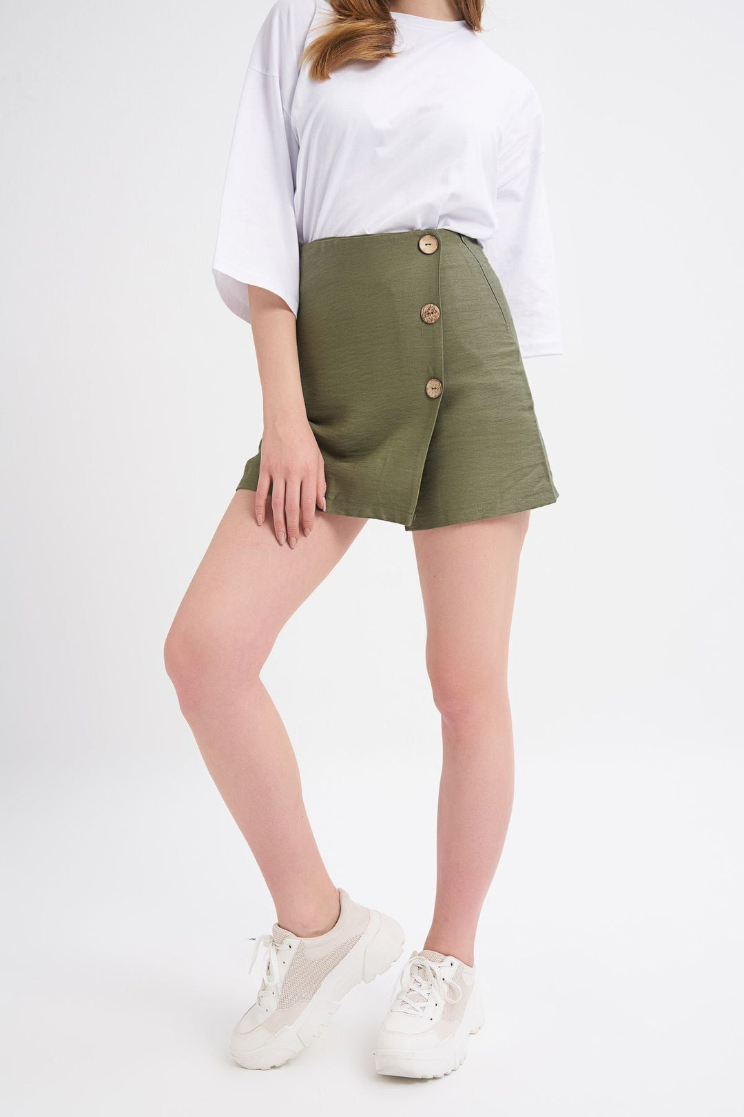 Button Front Skirt Shorts Khaki